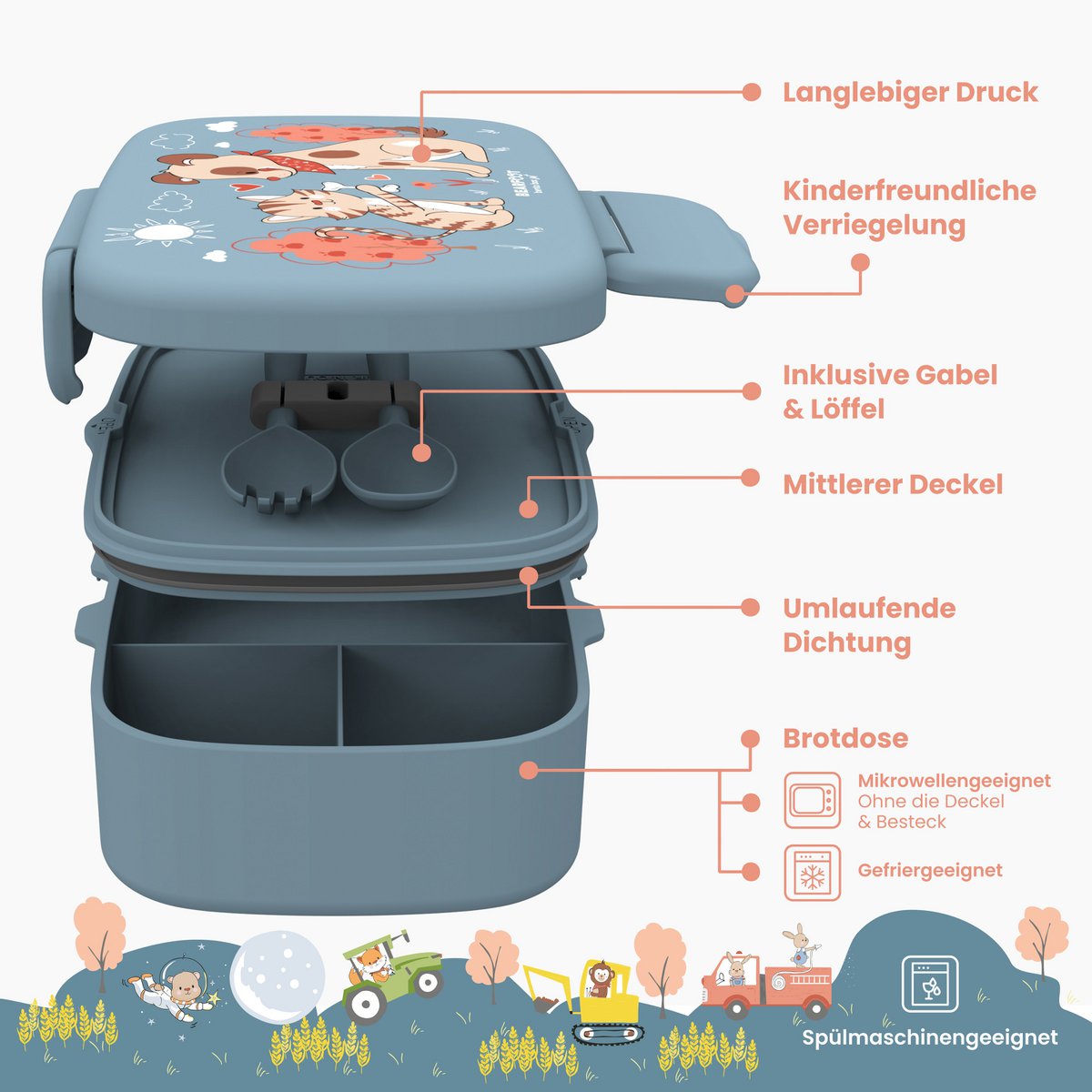 Kinderlunchbox met vakken, licht en lekvrij - hond, cat