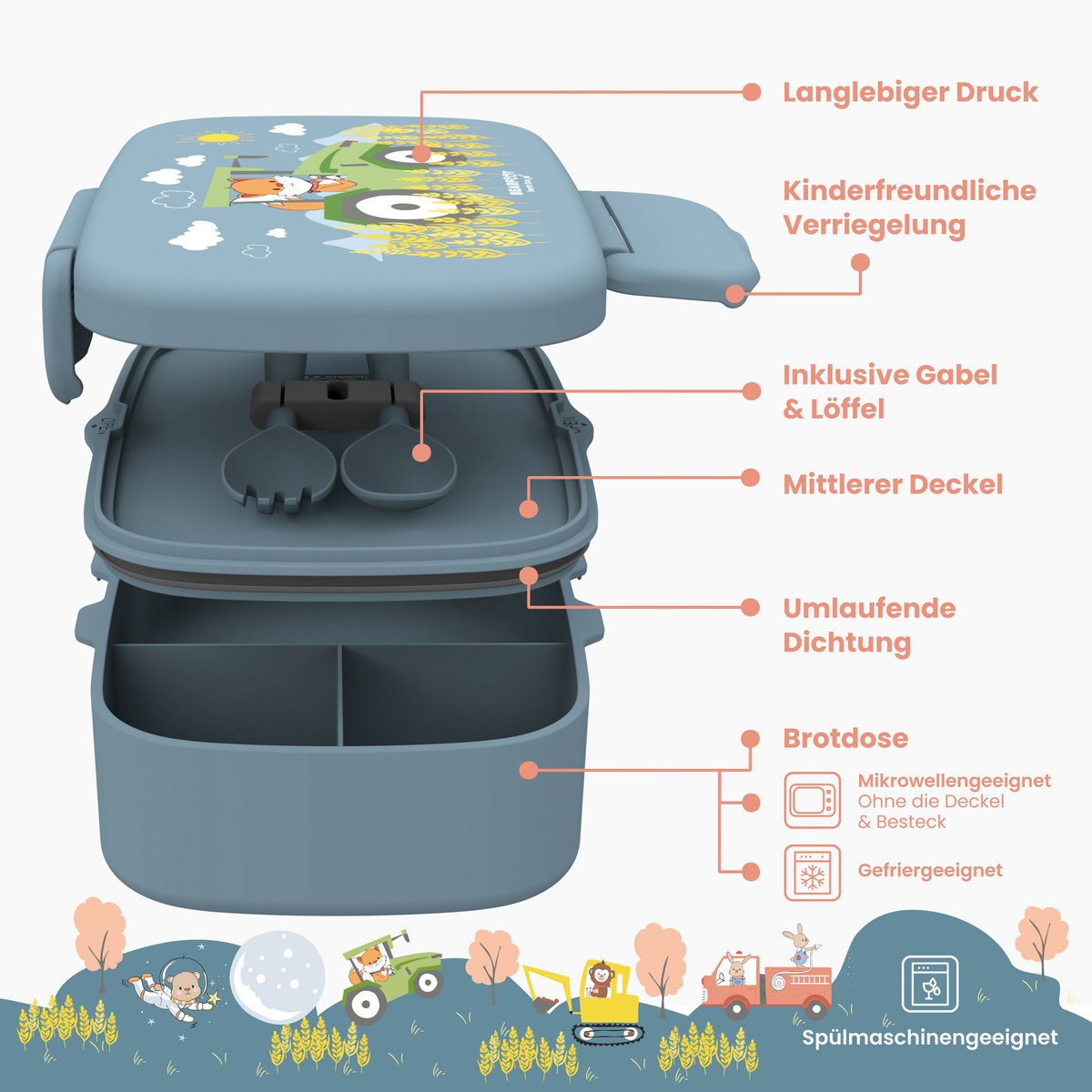 Kinderlunchbox met vakken, licht en lekvrij - tractor