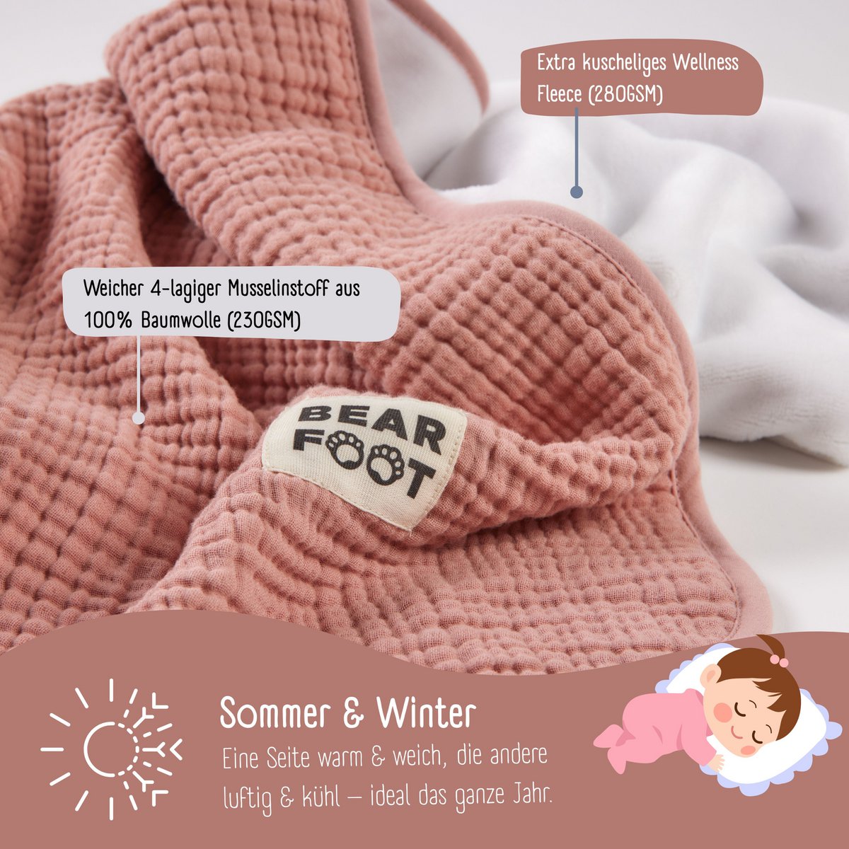 Babydeken mousseline fleece deken pluizig zacht - roze