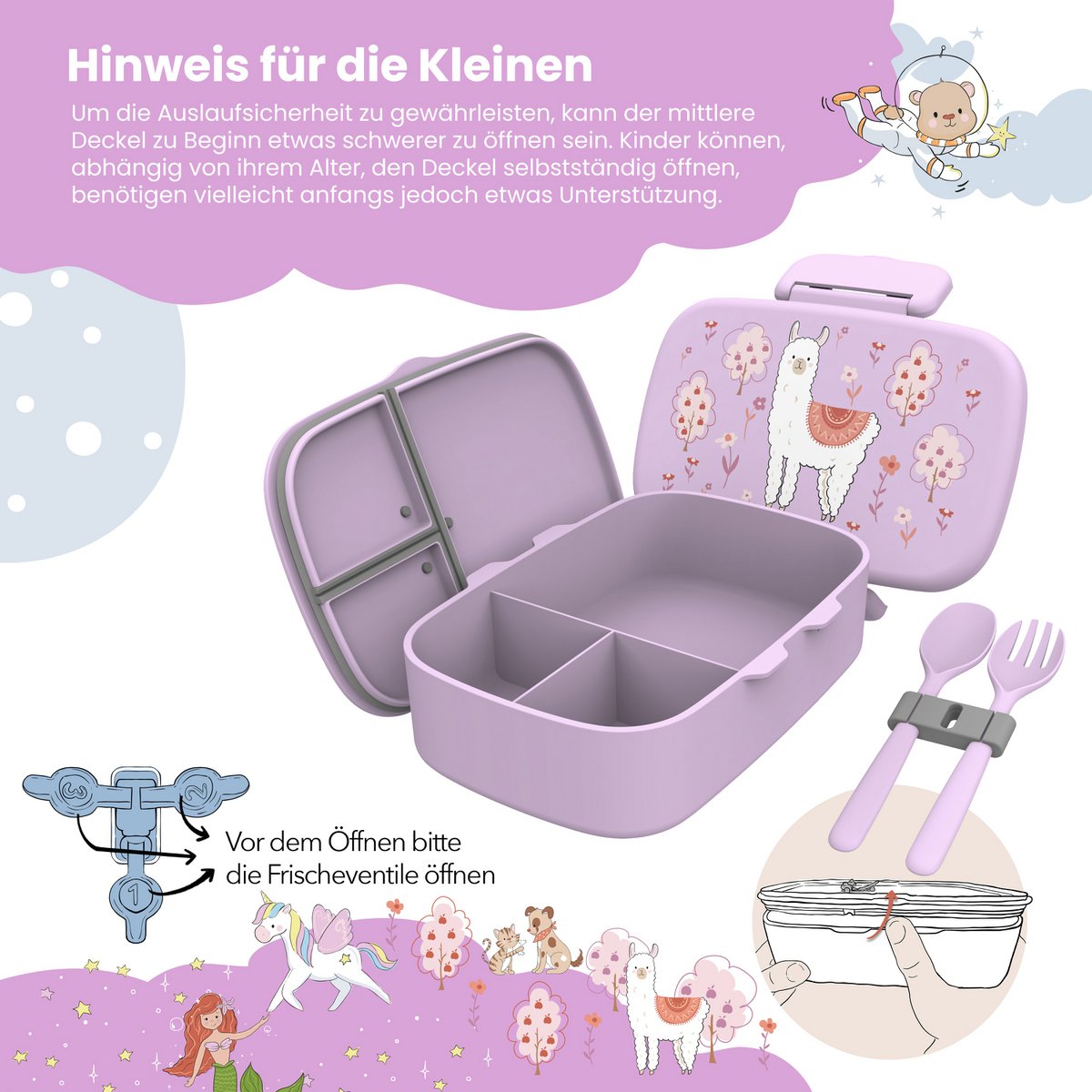 Kinderlunchbox met vakken, licht en lekvrij - Lama