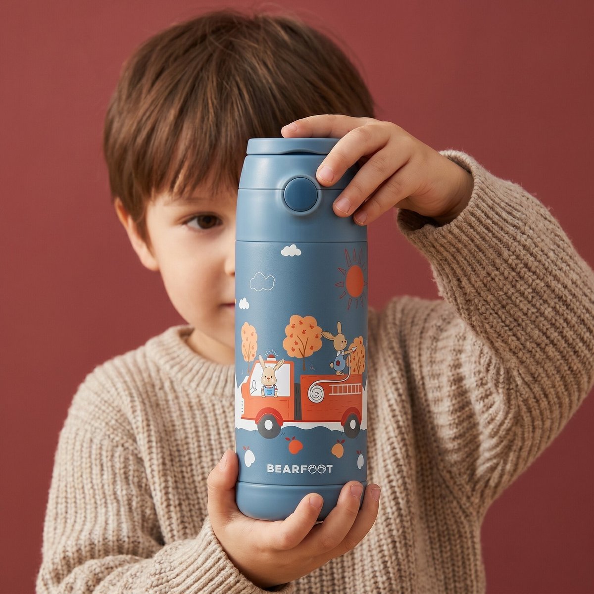 Thermo kinderdrinkfles RVS brandweer konijn blauw