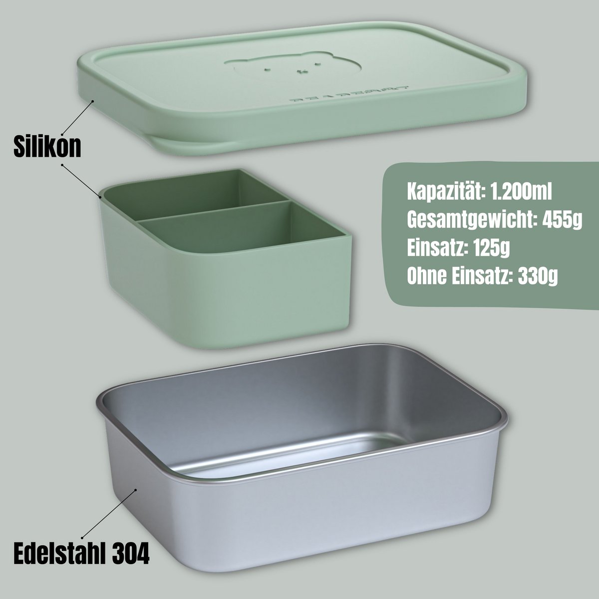 Lunchbox kinder RVS met siliconen inzetstuk - salie