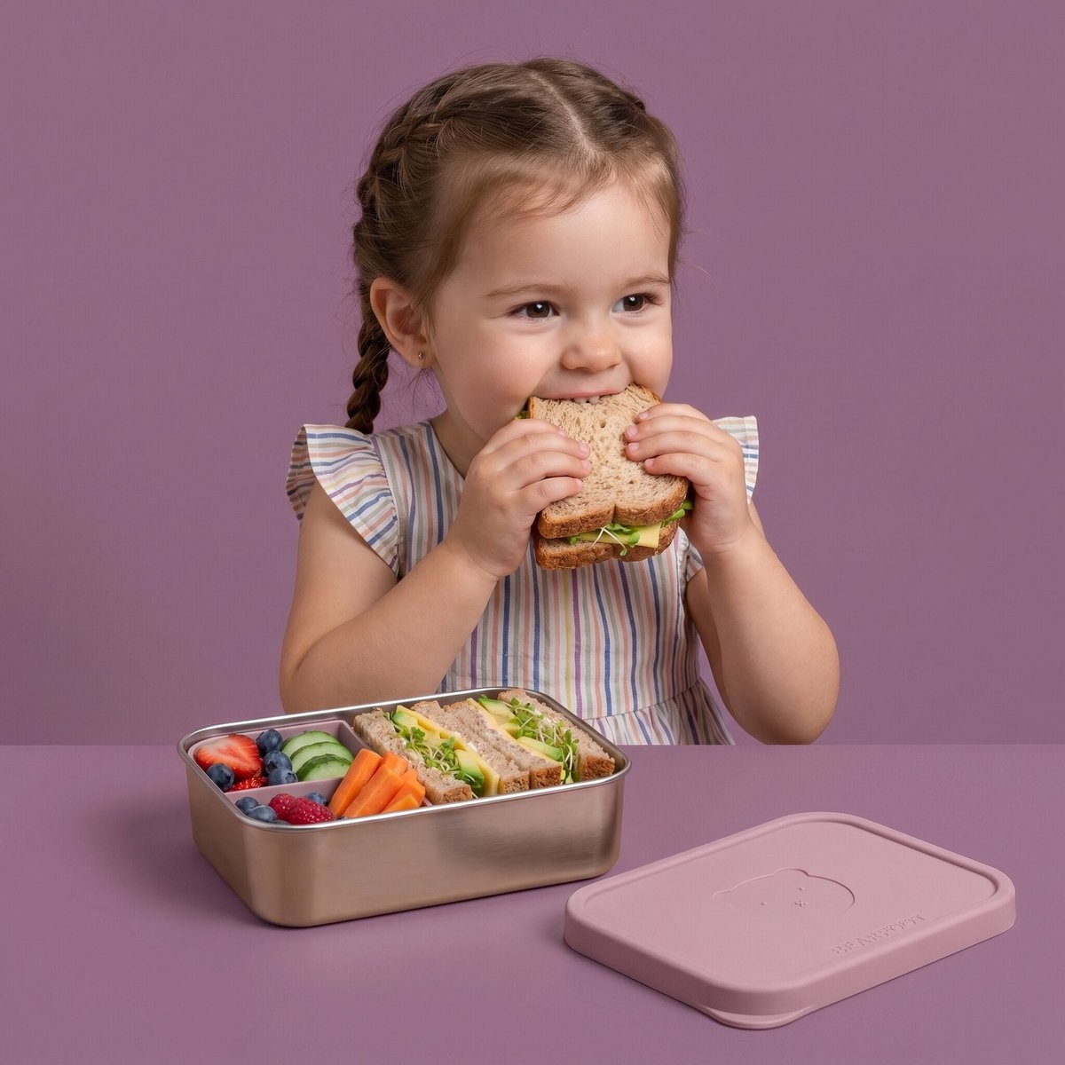 Lunchbox kinder RVS met siliconen inzetstuk - roze
