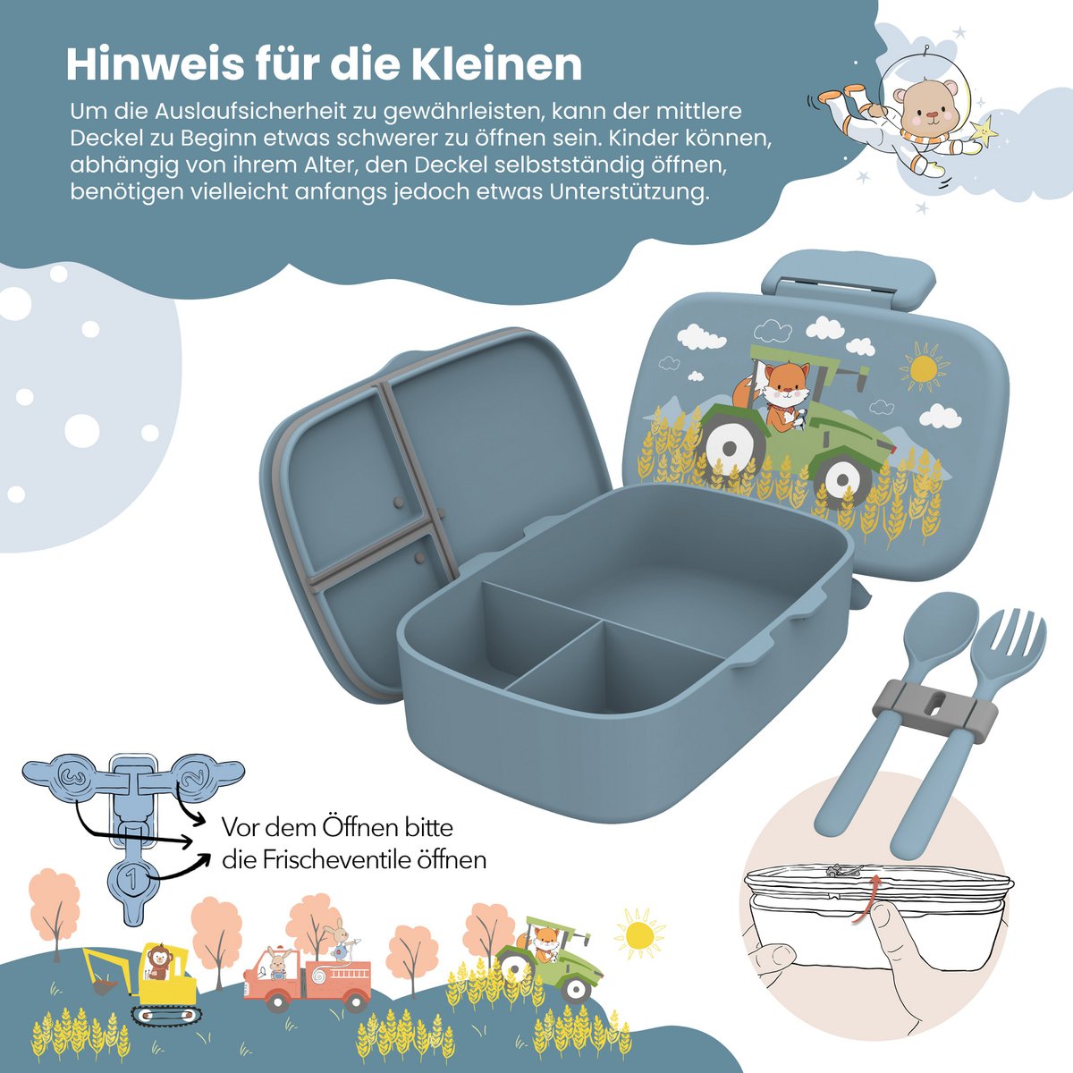 Kinderlunchbox met vakken, licht en lekvrij - tractor