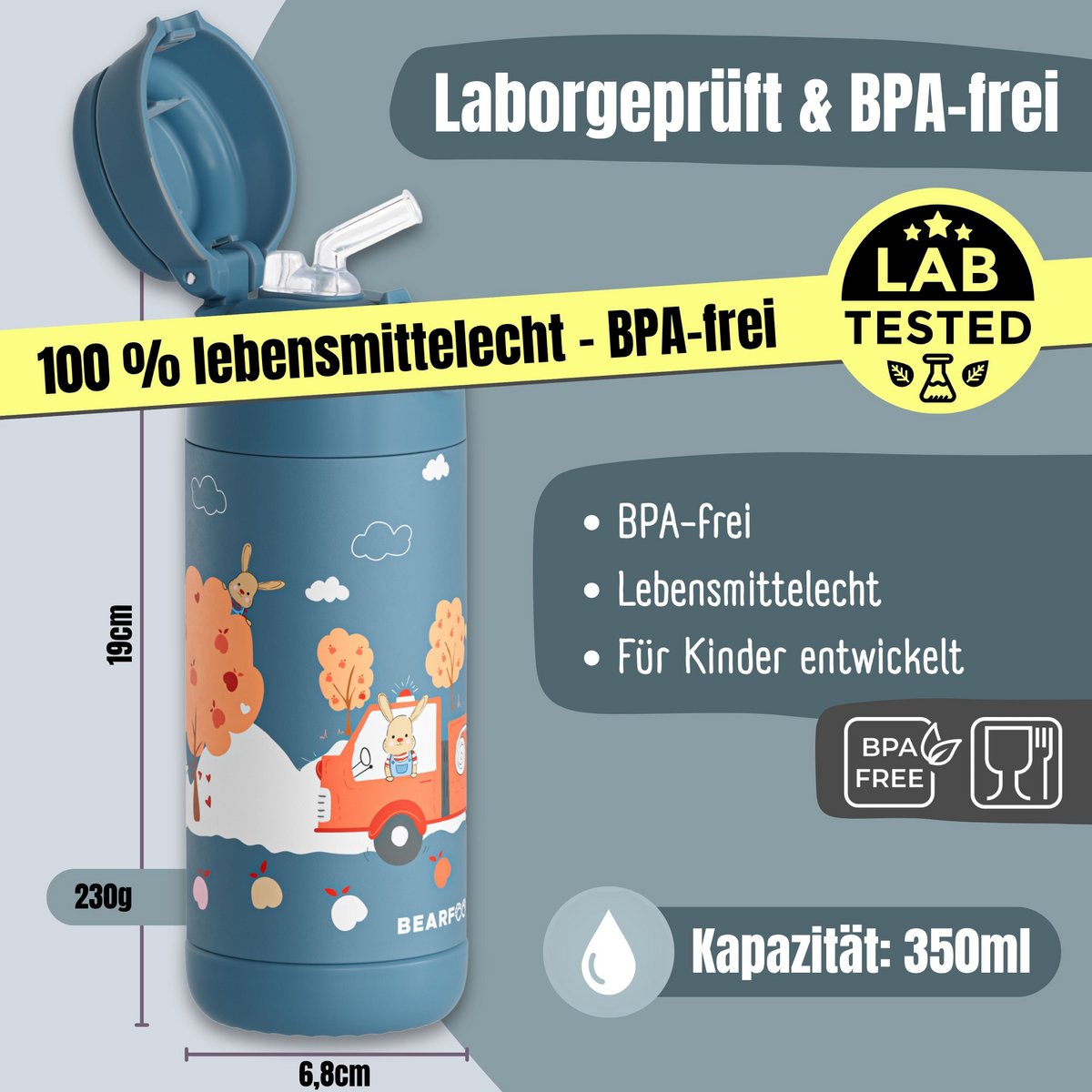 Thermo kinderdrinkfles RVS brandweer konijn blauw