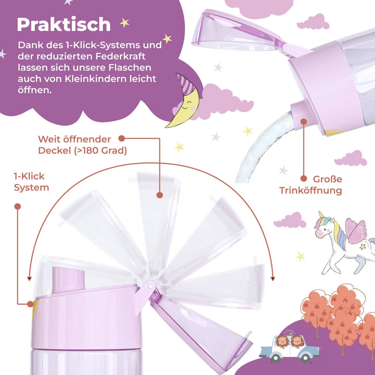 Drinkfles kinderen, lichte waterfles - sticker paars