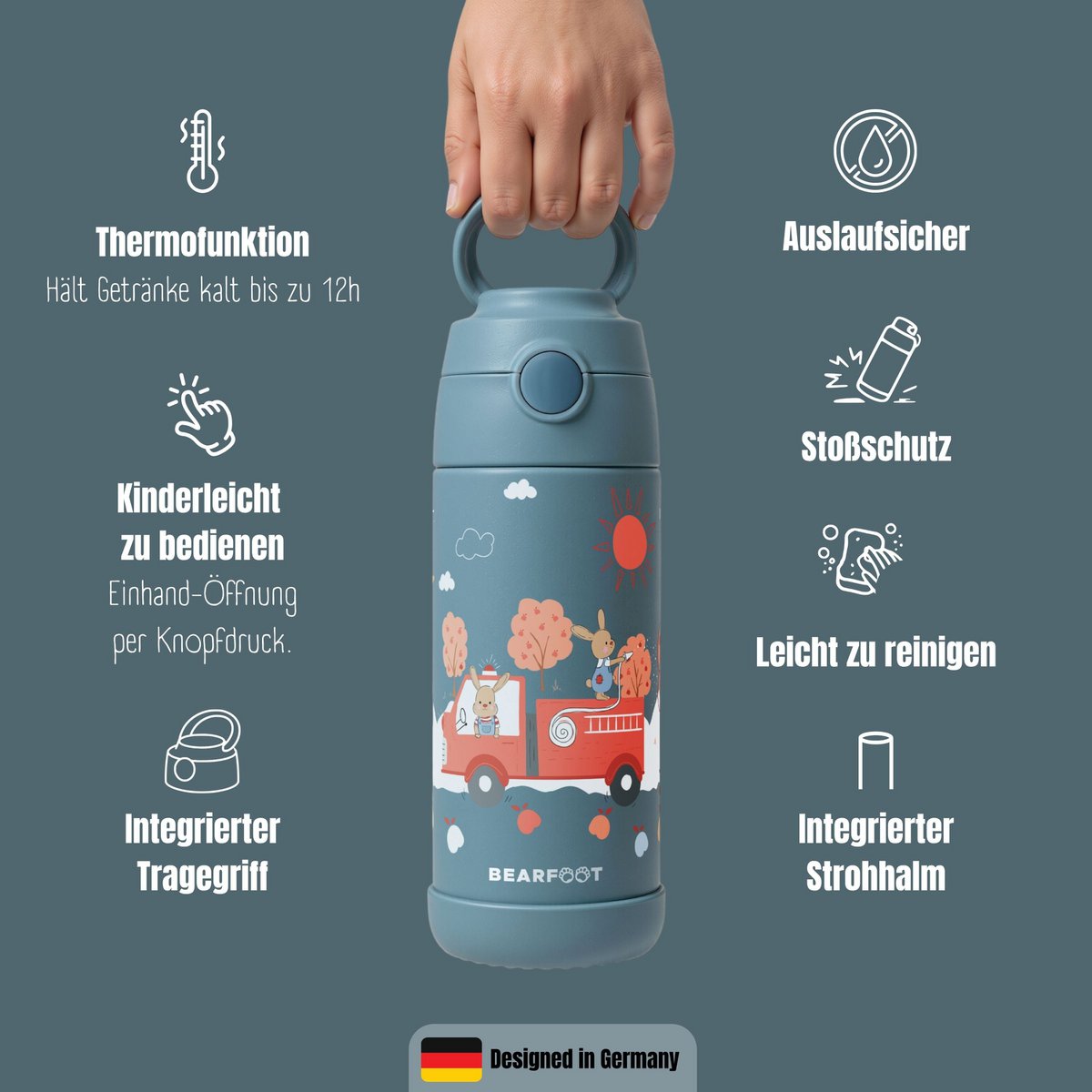 Thermo kinderdrinkfles RVS brandweer konijn blauw