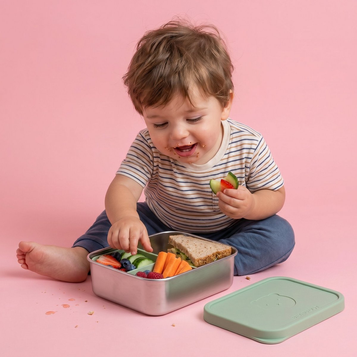 Lunchbox kinder RVS met siliconen inzetstuk - salie