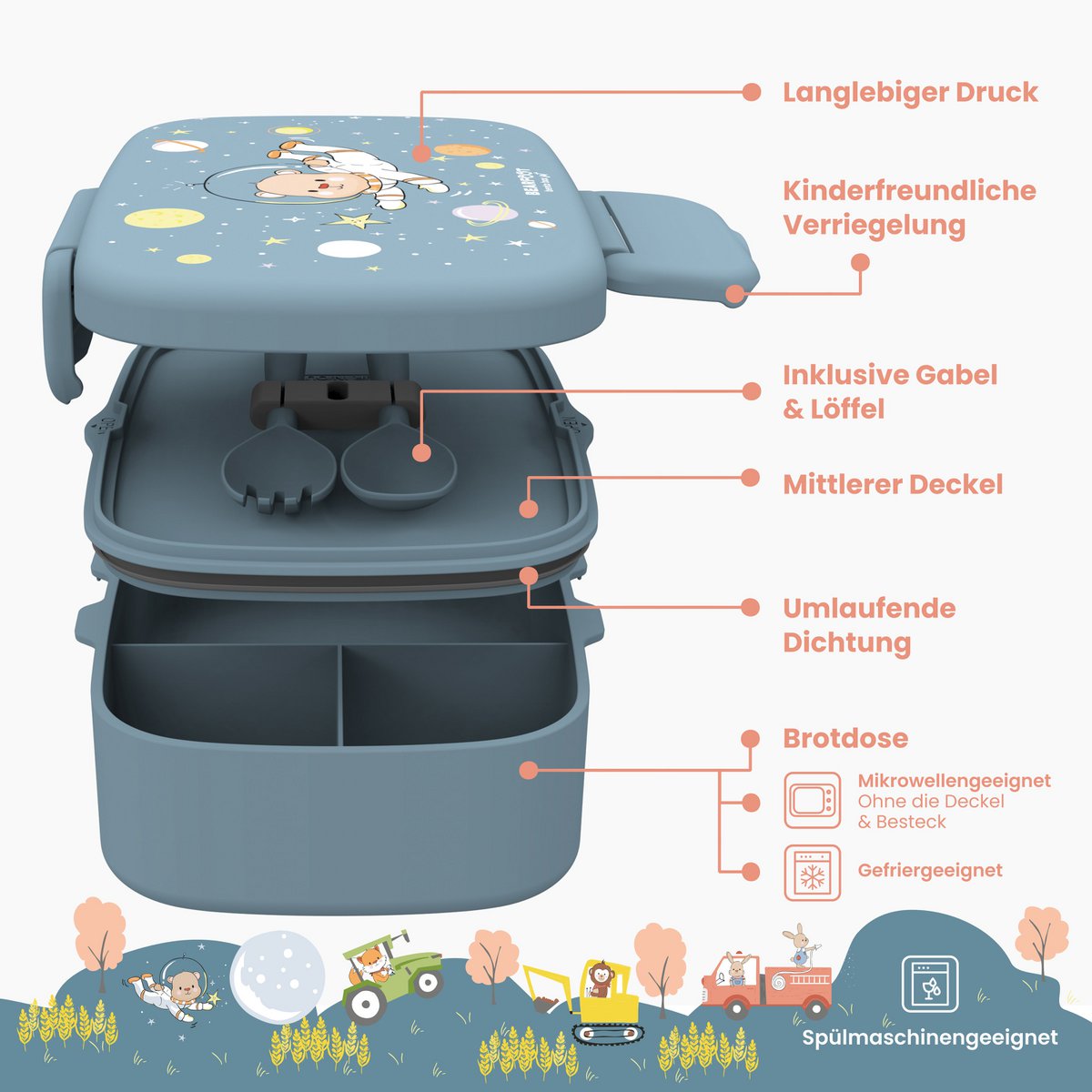Kinderlunchbox met vakken, licht en lekvrij - beer