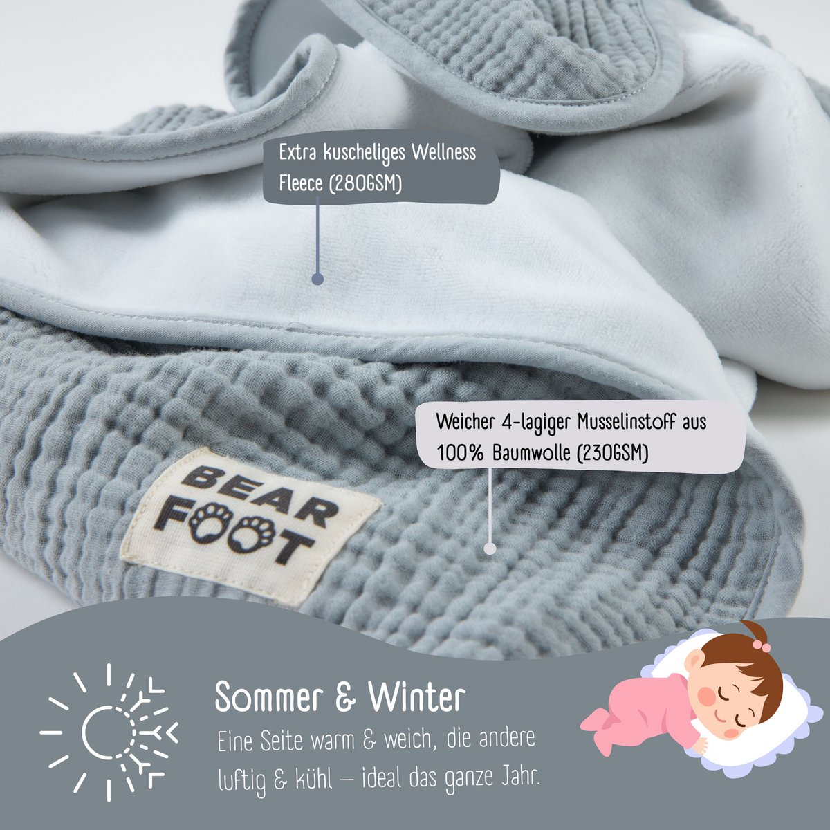 Babydeken mousseline fleece deken pluizig zacht - grijs