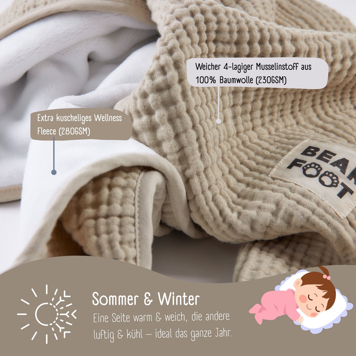 Babydeken mousseline fleece deken pluizig zacht - bruin
