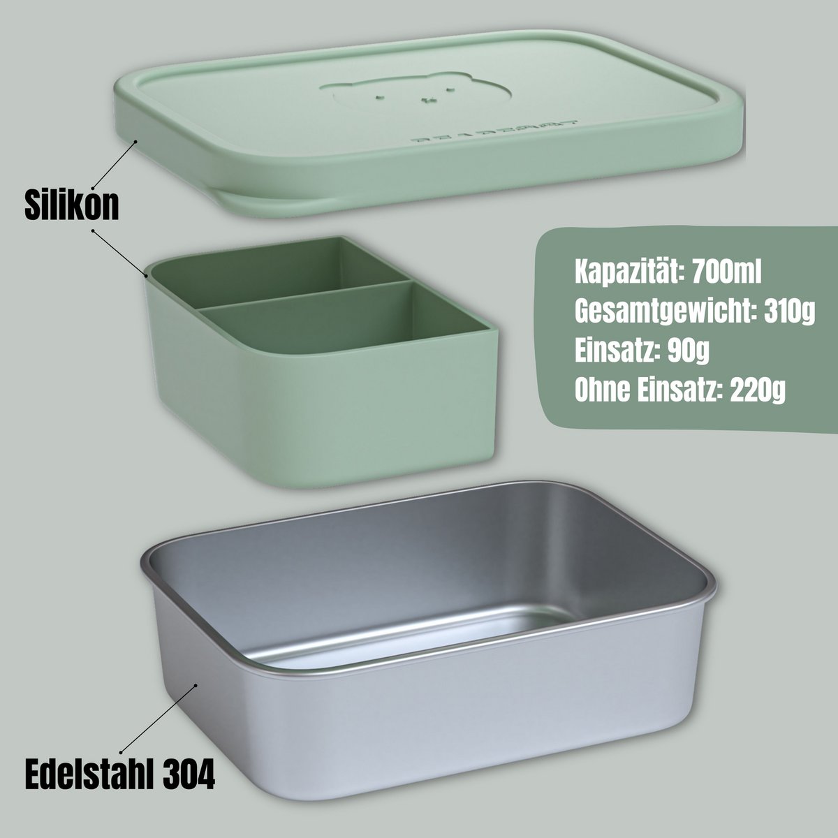 Lunchbox kinder RVS met siliconen inzetstuk - salie