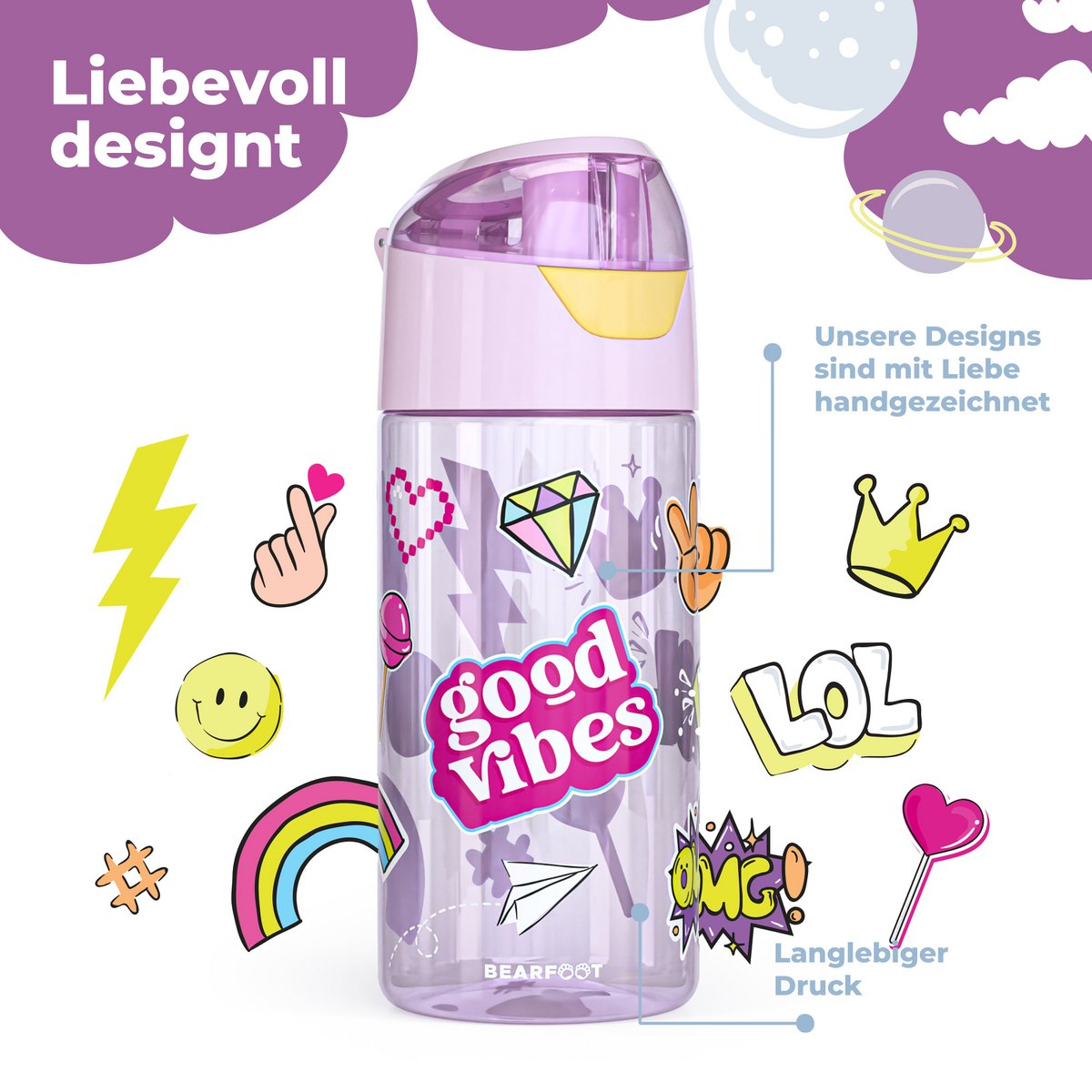 Drinkfles kinderen, lichte waterfles - sticker paars