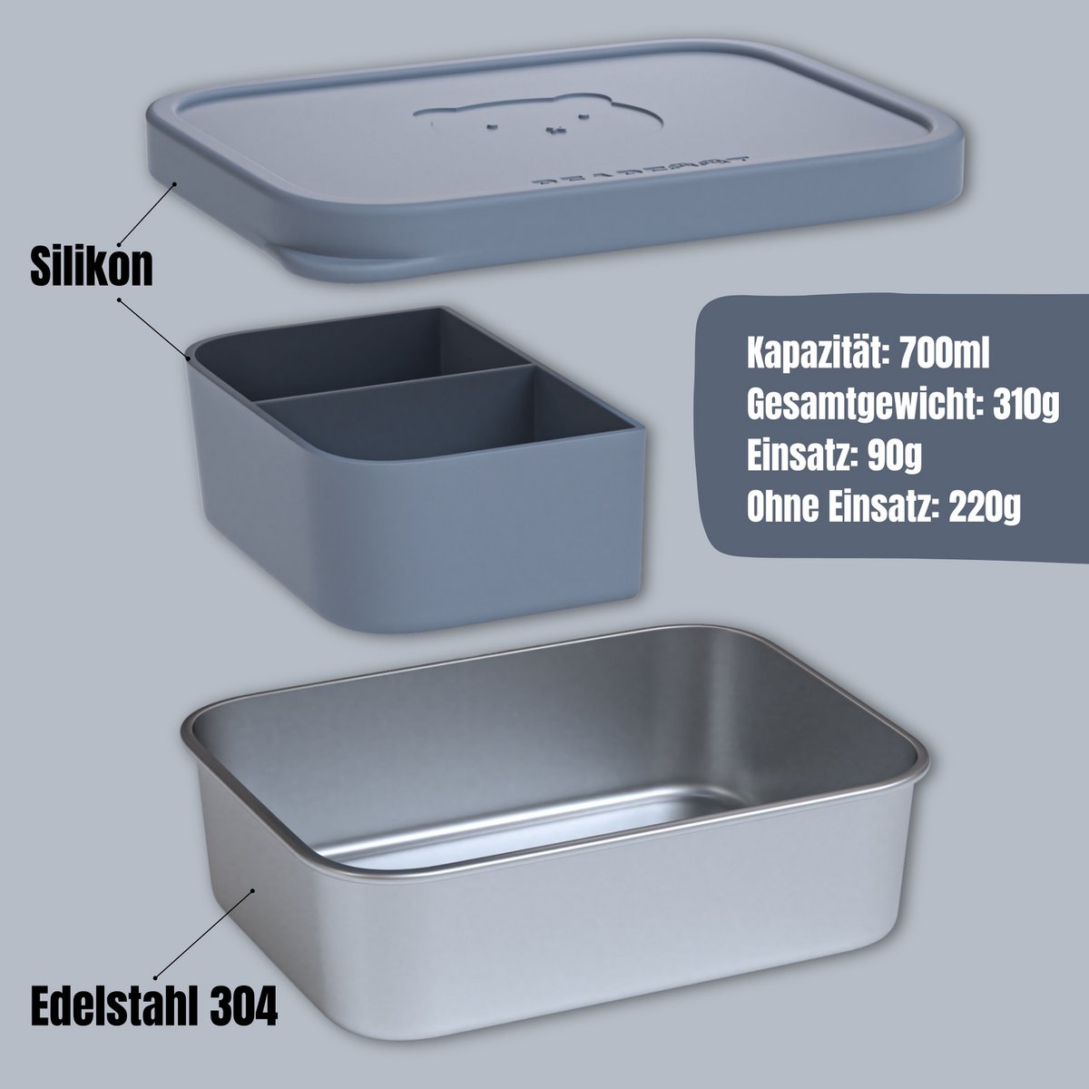 Lunchbox kinder RVS met siliconen inzetstuk - blauw