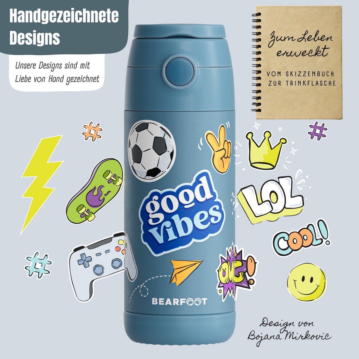 Thermo kinderdrinkfles RVS - sticker blauw