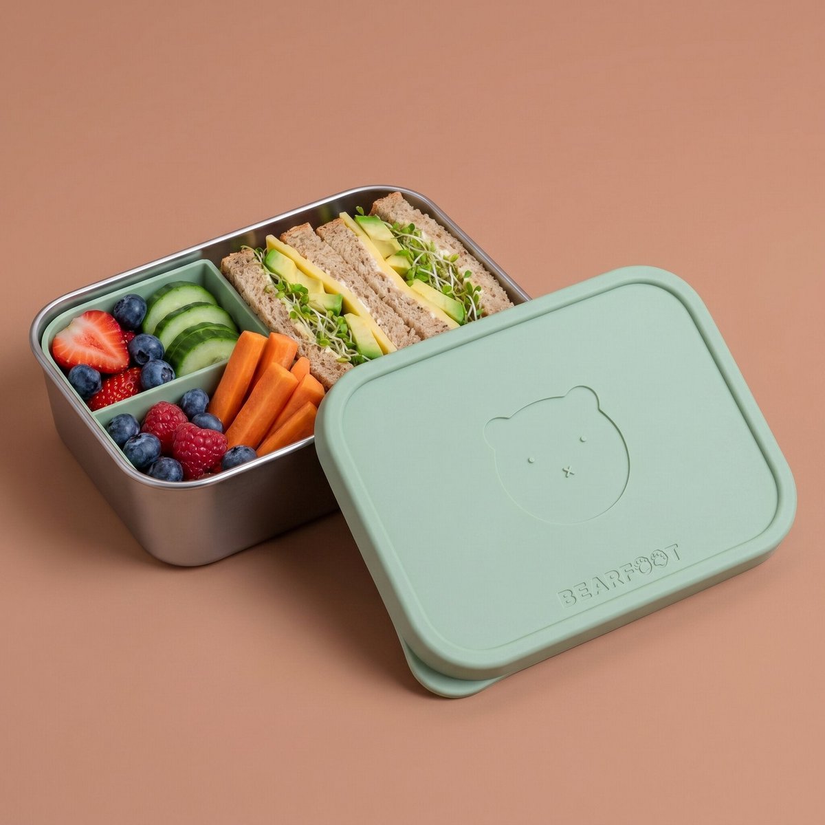 Lunchbox kinder RVS met siliconen inzetstuk - salie