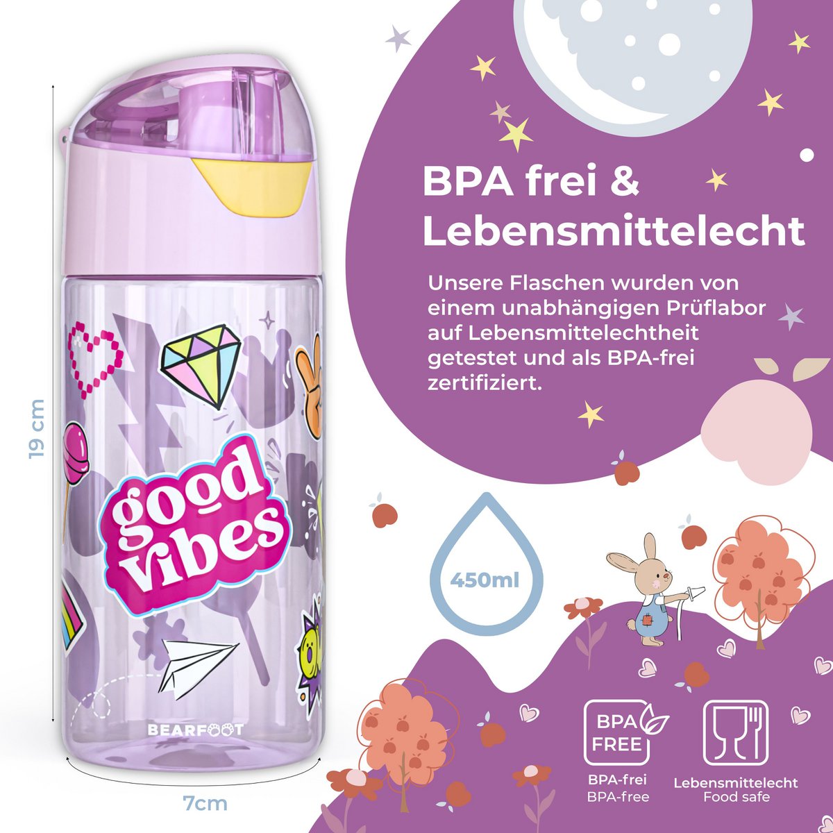 Drinkfles kinderen, lichte waterfles - sticker paars
