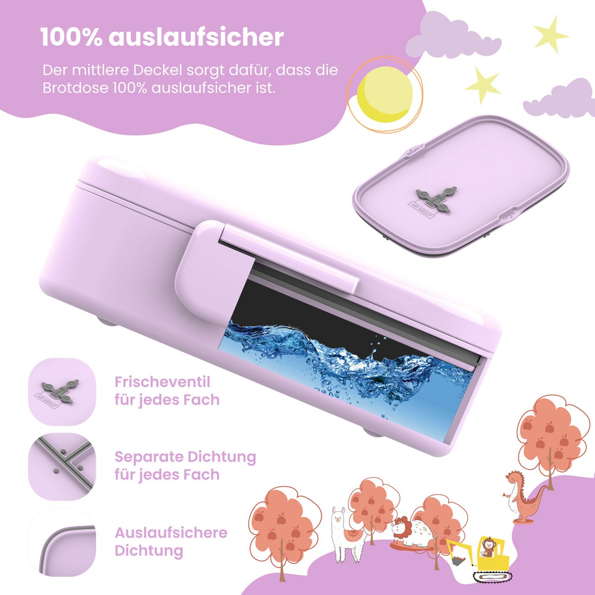 Kinderlunchbox met vakken, licht en lekvrij - Lama