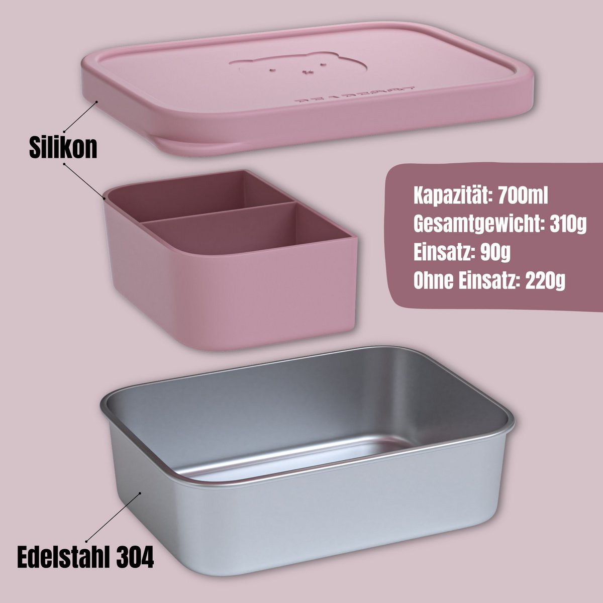 Lunchbox kinder RVS met siliconen inzetstuk - roze