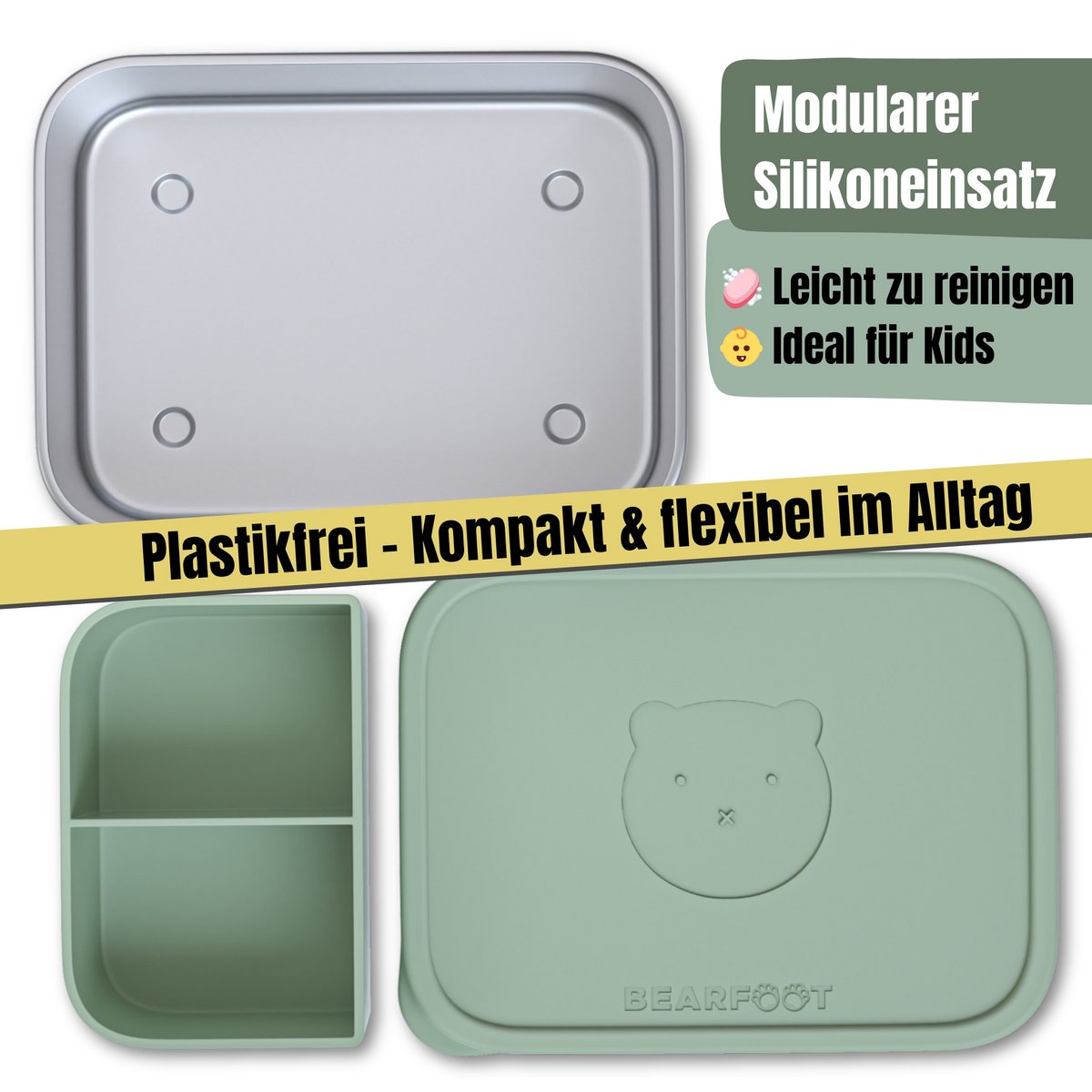 Lunchbox kinder RVS met siliconen inzetstuk - salie