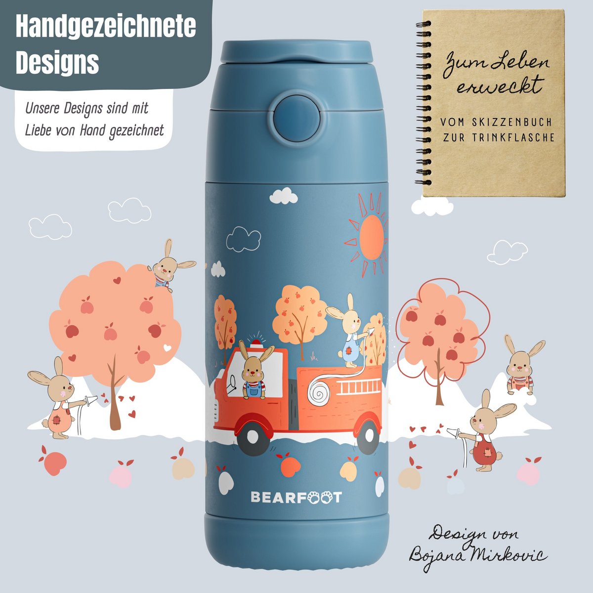 Thermo kinderdrinkfles RVS brandweer konijn blauw