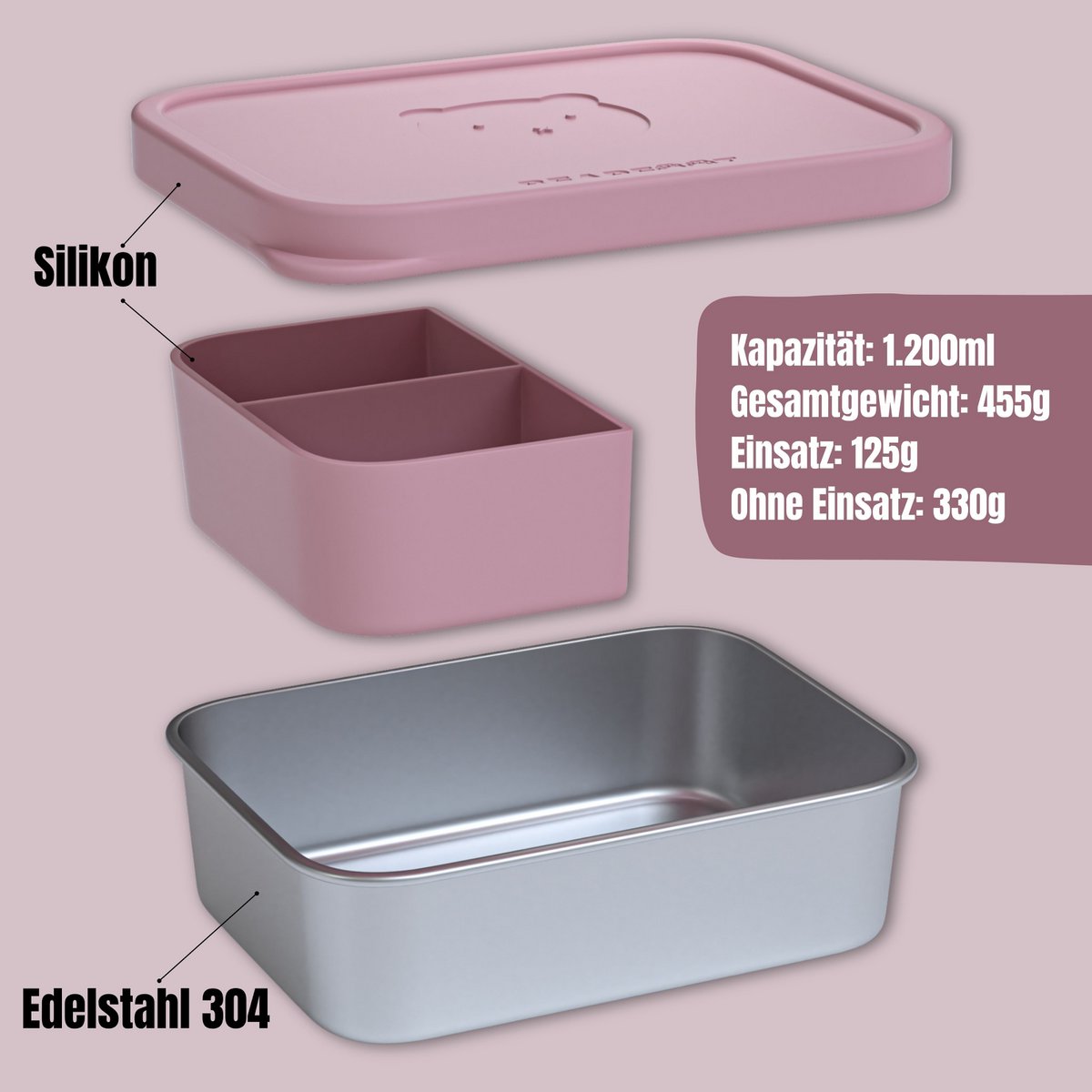 Lunchbox kinder RVS met siliconen inzetstuk - roze